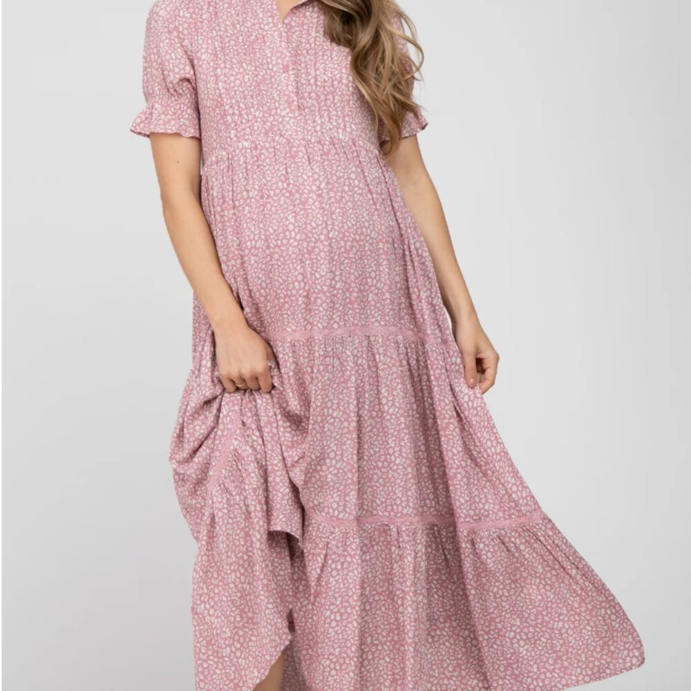 Pink Blush Maternity - Mauve Animal Print Button Front Tiered Maternity Midi